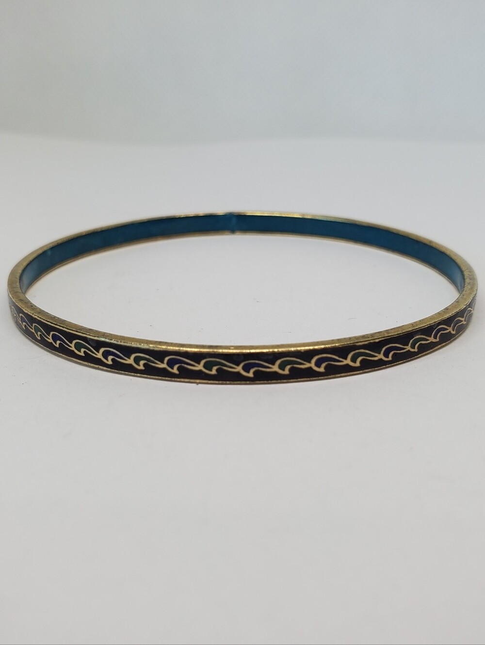 Vintage Brass Cloisonne Enamel Black Turquoise Bangle Bracelet